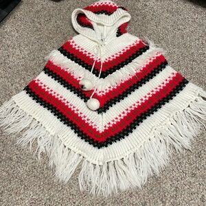 Vintage knit fringed poncho with hood